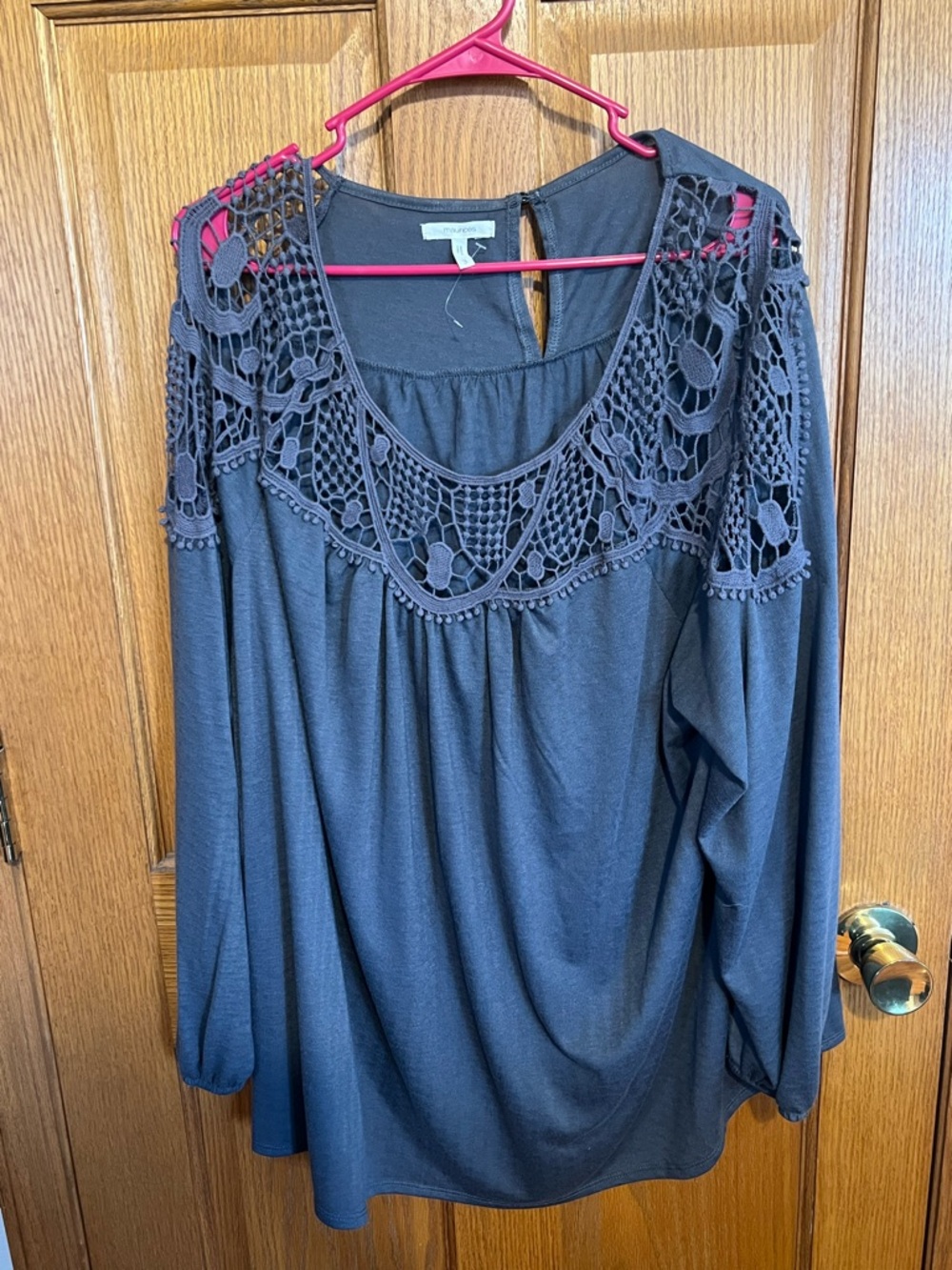 Maurices Black Long Sleeve Top with Crochet Yoke